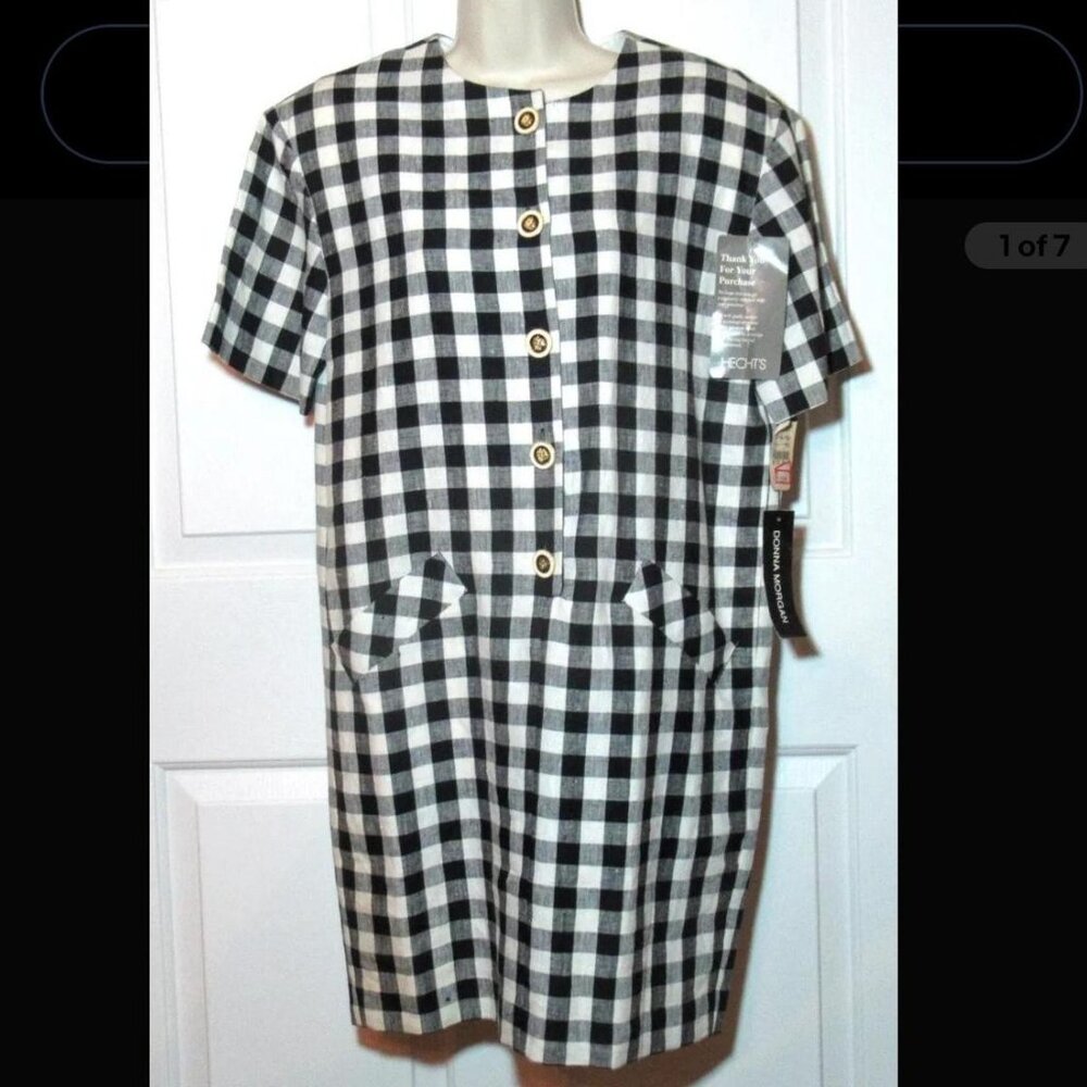 Vintage Deadstock 90s Donna Morgan Linen Black White Checkered Shift Dress - 8